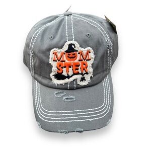 ✅NEW! KBETHOS DISTRESSED GRAY 'MOMSTER' CAP WITH WITCHS BROOM